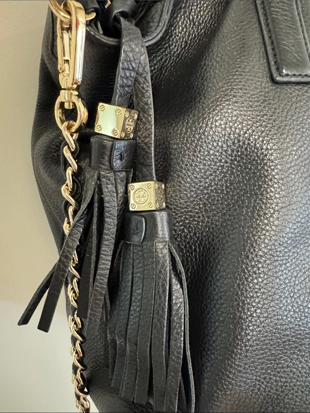 Tory Burch Thea Tote Black Pebbled Leather Logo Tote with Gold-Tone Hardware